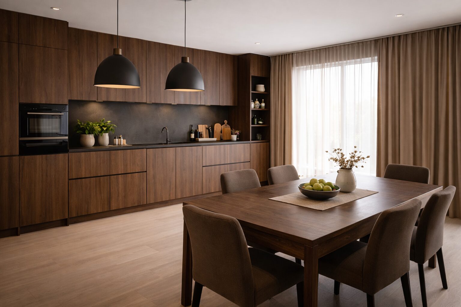 Moderna kuhinja, gde dominira boja drveta, a zavese su uskladjene