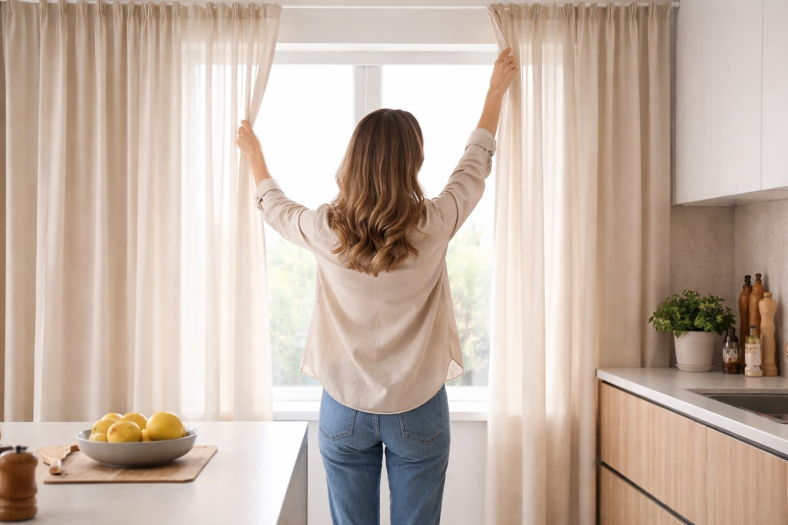 Zena koja kaci zavese u modernoj kuhinji